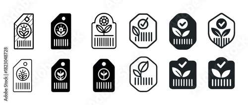 Icon collection of plant labels with barcodes in various geometric shapes