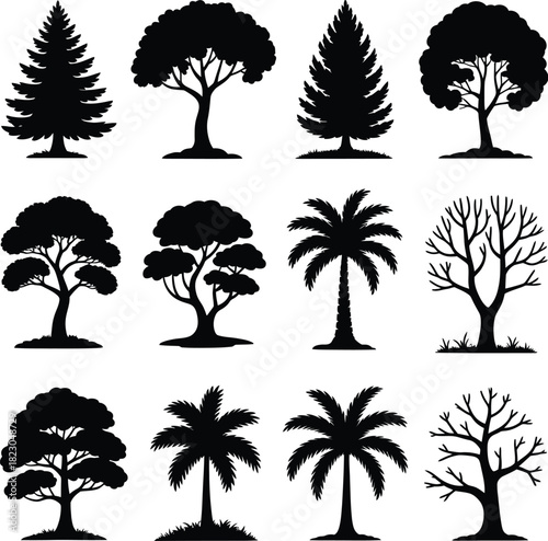 Collection of Twelve Tree Silhouettes on White Background