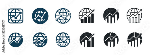 Vector icons of global growth: charts and graphs in blue and black designs