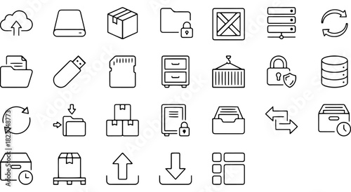 Data storage, network, and logistic technology line icons set. digital information management and transfer symbols. Vector
