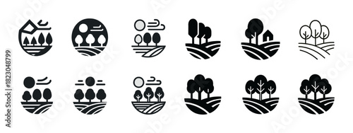 Collection of nature-themed minimalist landscape icons with trees and sun