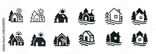 Set of eco-friendly house icons with solar panels and trees