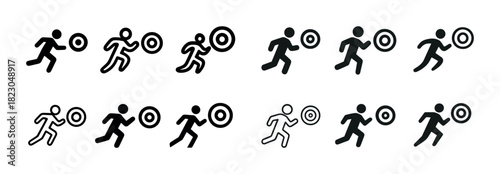Set of running athlete icons with target symbol in various styles