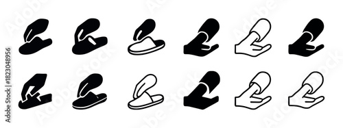 Hand gestures with shoes icon set in black and white