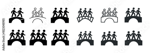 Abstract stick figures on bridges in various arrangements