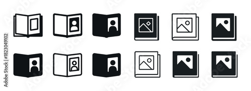 Collection of iconic photo album and book symbols in black and white design