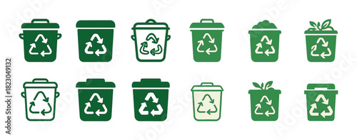 Green recycling bin icons with recycle symbols and plant elements