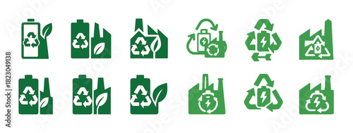 Green energy and recycling icons: batteries, factories, sustainable symbols