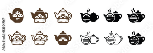 Set of teapot and dumpling icons in various styles
