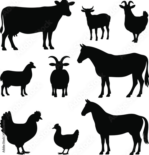 Farm Animal Silhouettes Collection Keywords: cow, sheep, goat, horse, chicken, duck, farm