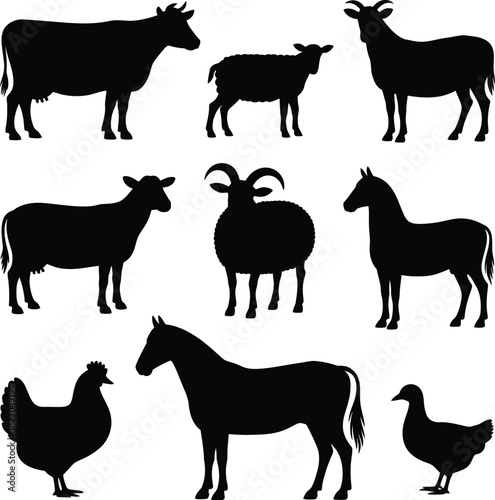 Farm Animal Silhouettes Collection Keywords: cow, sheep, goat, horse, chicken, duck, farm