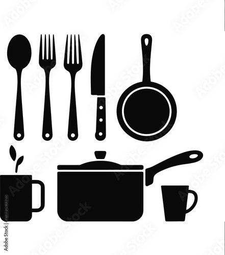 Kitchen Utensils and Cookware Silhouette Set vector