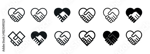 Set of heart and handshake icons symbolizing unity and cooperation