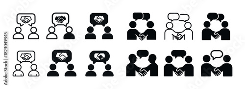 Handshake and communication icons set: business and interaction symbols