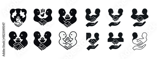 Icons of unity and compassion: handshake, heart, and peace symbols