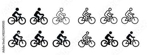 Cyclist pictograms: diverse bicycle icons in black and white