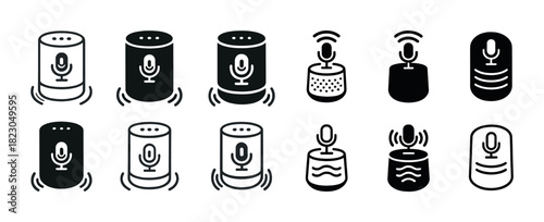 Variety of smart speakers and voice assistants with microphone icons