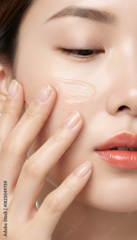 Obraz premium Close-up of a young asian woman applying a clear skincare product to her face. Beauty model with flawless skin using a hydrating gel or serum. Cosmetic treatment and self-care routine concept