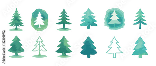Set of artistic evergreen trees in various watercolor styles