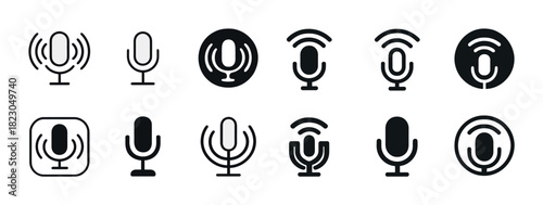 Diverse microphone icons set: communication, music, podcast, broadcasting