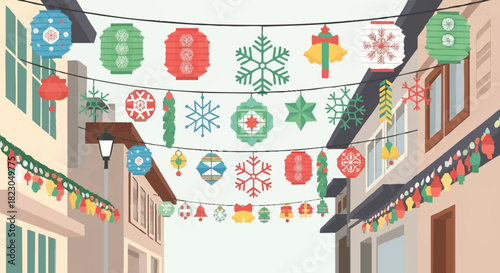 Vector illustration of a festive Christmas street in South Korea with colorful decorations and ornaments hanging above buildings.