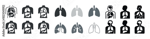 Human respiratory system diagrams: anatomy icons of lungs and thorax in various styles