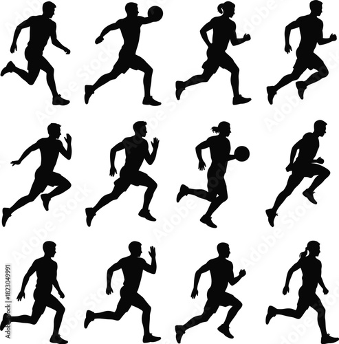 Silhouette Collection of Male Athletes Running and Playing Ball