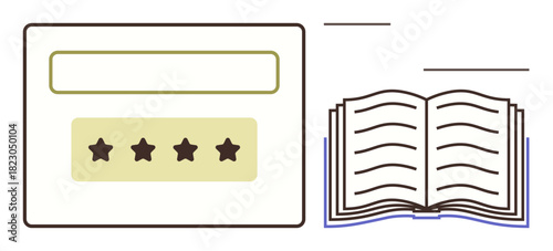 Star rating interface alongside open book with black lines, symbolizing evaluation, feedback, learning. Ideal for education, reviews, reading, quality assessment, customer feedback simple flat
