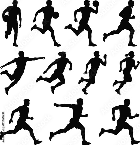 Silhouette Set of Male Athletes Running and Throwing Ball