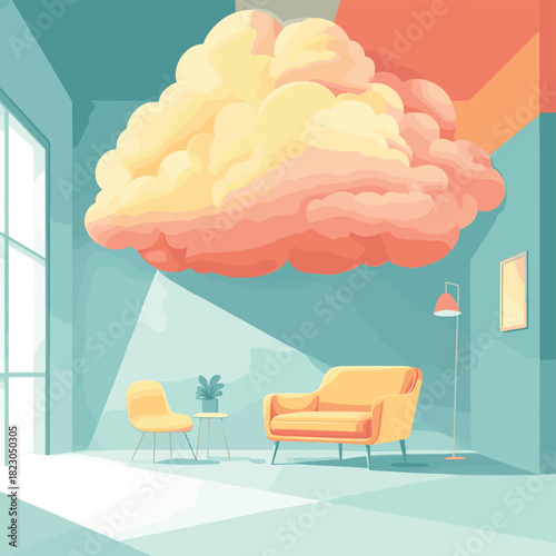 A pastel-colored storm in the shape of a thought cloud