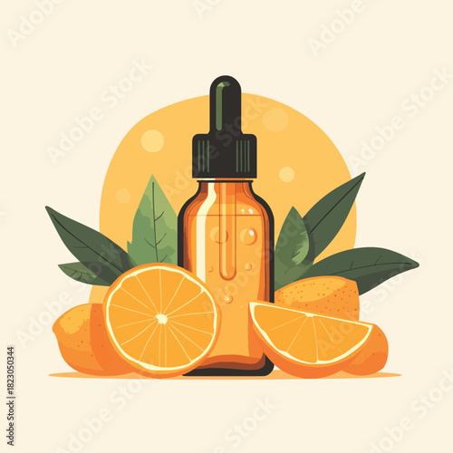 Amber glass dropper bottle of Vitamin C serum with fresh oranges  , vector style simple color