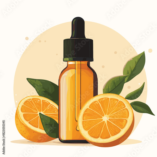 Amber glass dropper bottle of Vitamin C serum with fresh oranges  , vector style simple color