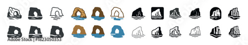 Icon set of coastal rock formations and arches with ocean waves