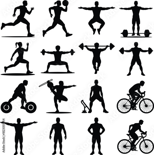 Silhouettes of people engaged in various sports and fitness activities