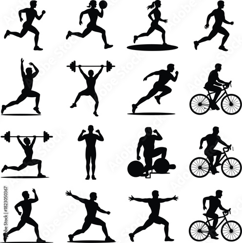 Silhouettes of people engaged in various sports and fitness activities