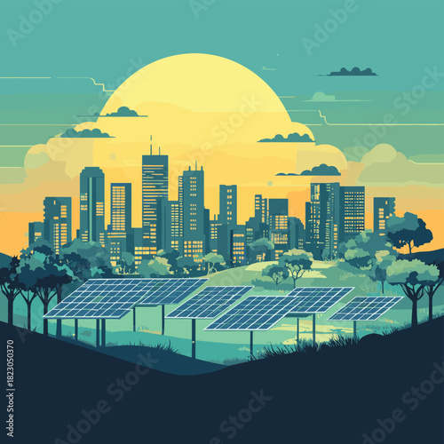 Digital landscape with solar panels absorbing sunlight and transmitting energy to pixel trees, futuristic eco-concept, copy space top , vector style simple color