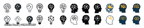 Creative brainstorming icons: light bulbs and human heads with abstract designs
