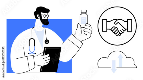 Healthcare concept. Healthcare professional holding medicine with icons cloud technology and collaboration. Healthcare empowers partnerships and cloud-based innovation. Use for health tech, digital