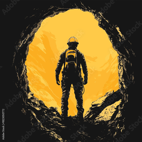 A miner in gear standing in a tunnel opening, black and yellow safety tones, top copy space  , vector style simple color