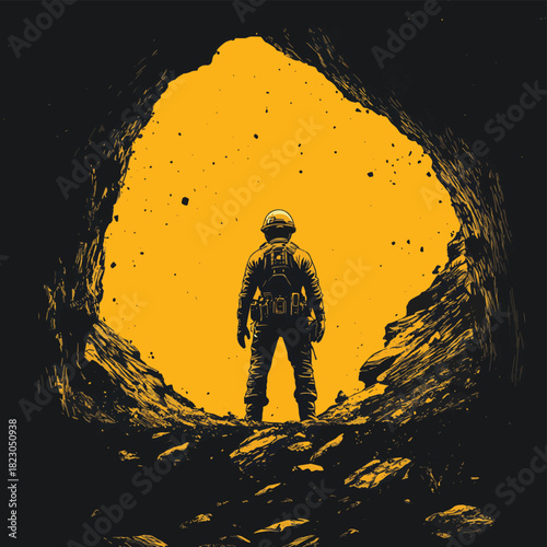 A miner in gear standing in a tunnel opening, black and yellow safety tones, top copy space  , vector style simple color