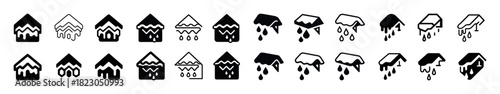 Various snow-covered roof icons with melting snowflakes