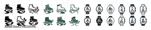 Footwear and fitness icon set: hiking boots, roller skates, cycling watches