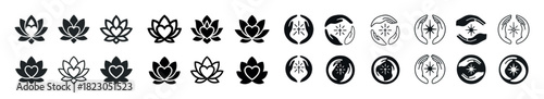Black and white lotus and star icon set – diverse floral and celestial designs