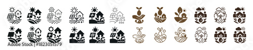 Eco-friendly sustainability icons: renewable energy, nature, and harmony symbols