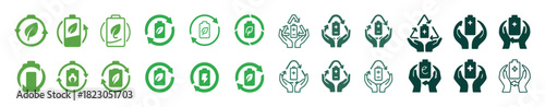 Eco-friendly battery icons featuring green energy and sustainable designs
