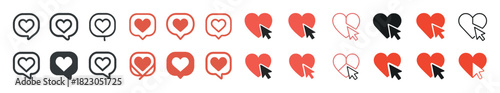 Heart icons with cursor clicks: black, red, outline variations for social media