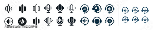 Microphone and headset icon set for audio and communication