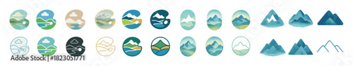 Minimalist mountain logo collection in various color palettes and styles