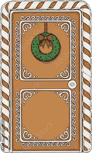 A sweet and festive gingerbread cookie door decorated with royal icing and a green holiday wreath, isolated on a white background for easy use