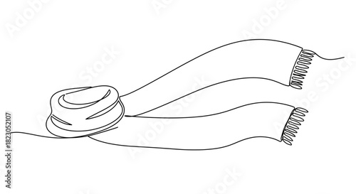 Elegant single continuous line drawing of a scarf and beanie for winter warmth accessory concept